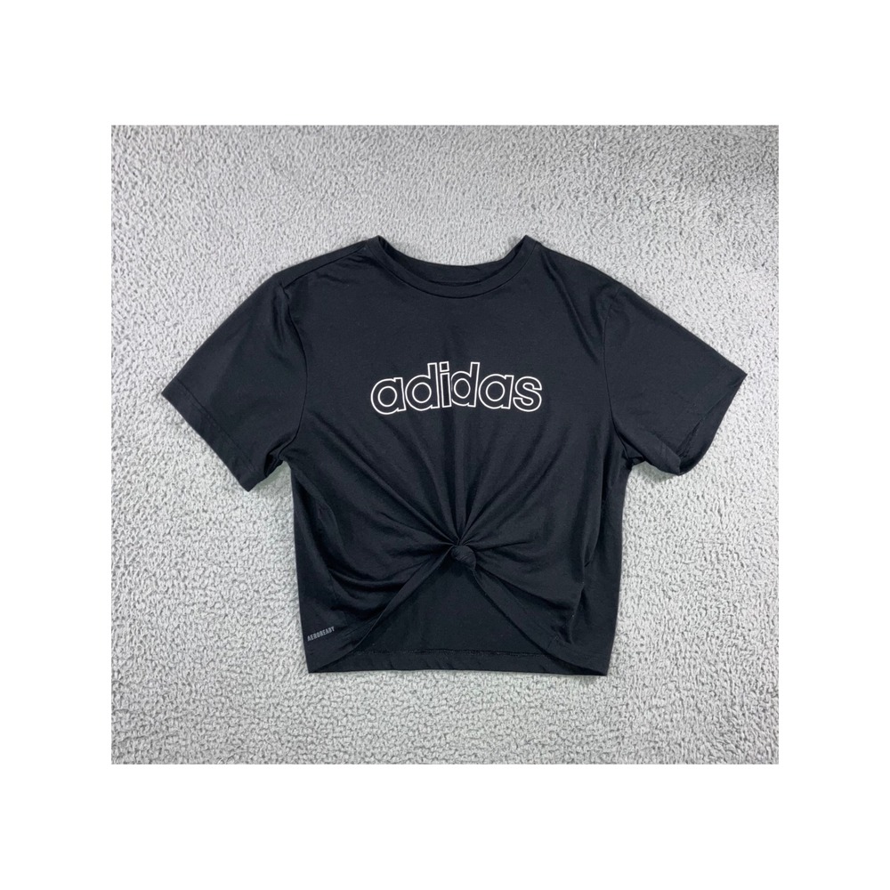 Adidas T-Shirt Women Small Black Tie‎ Front Sellout Sporty Aeroready Primegreen